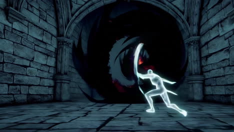 glowing warrior in a dark dungeon