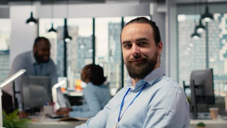 close up of happy trader in prop firm workplace analyzing market data
