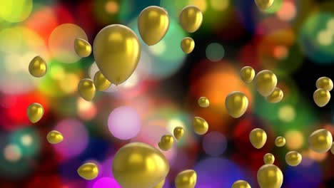 Animation-Von-Goldenen-Luftballons-über-Bunten,-Defokussierten,-Blinkenden-Weihnachtslichtern