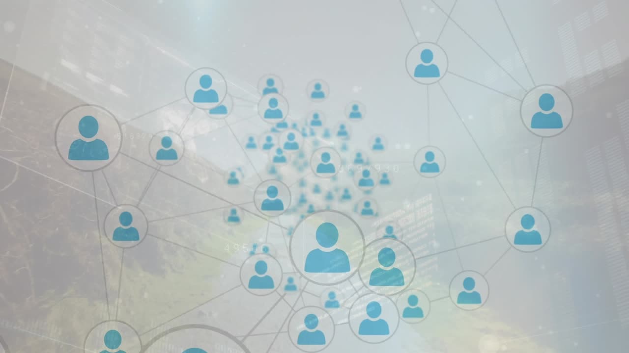 Animazione di una rete di connessioni con icone ed elaborazione dati.