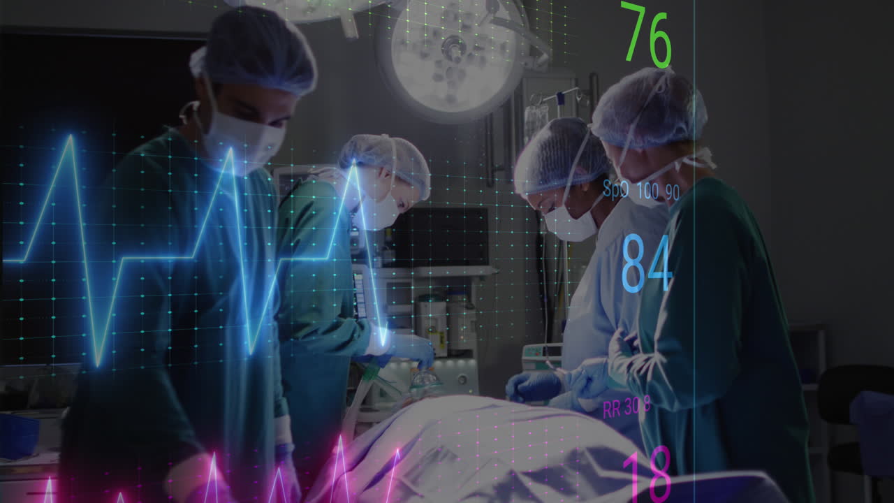 병원에서 환자를 수술하는 다양한 외과 의사들에 대한 심장술의 애니메이션
