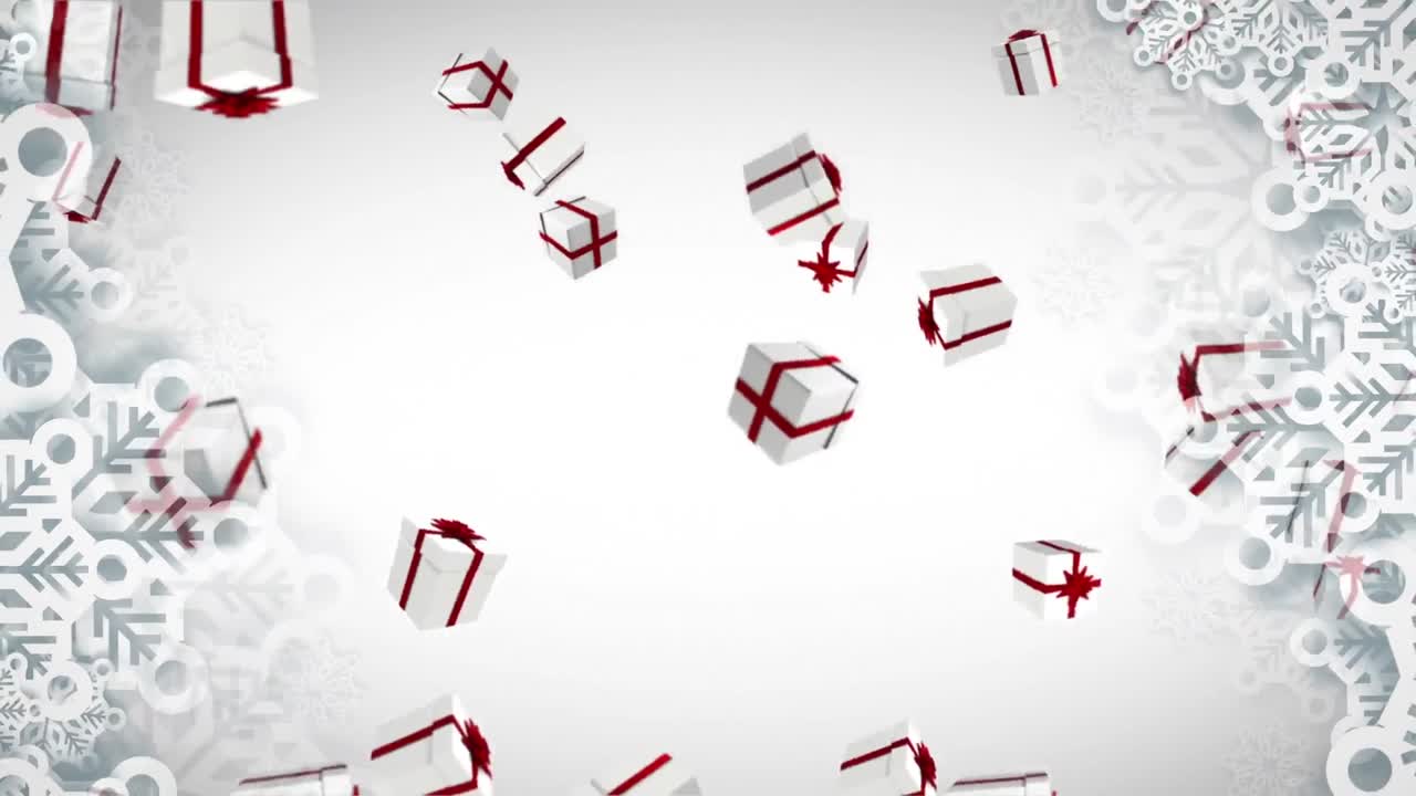 múltiples iconos de regalos de navidad cayendo contra los copos de nieve sobre un fondo blanco