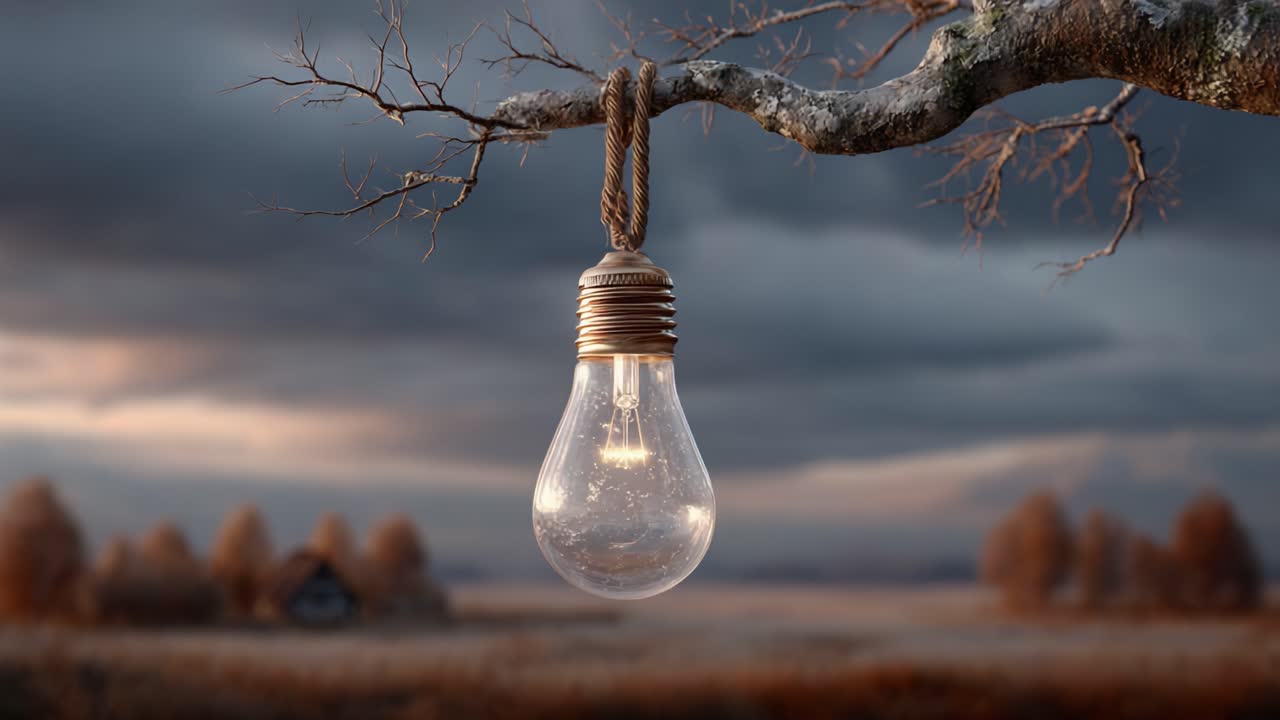 A Captivating Visual Contrast: An Illuminated Light Bulb Hanging from a Branch Against a Dramatic Sky, Showcasing the Intricacies of Nature and Man-Made Beauty
