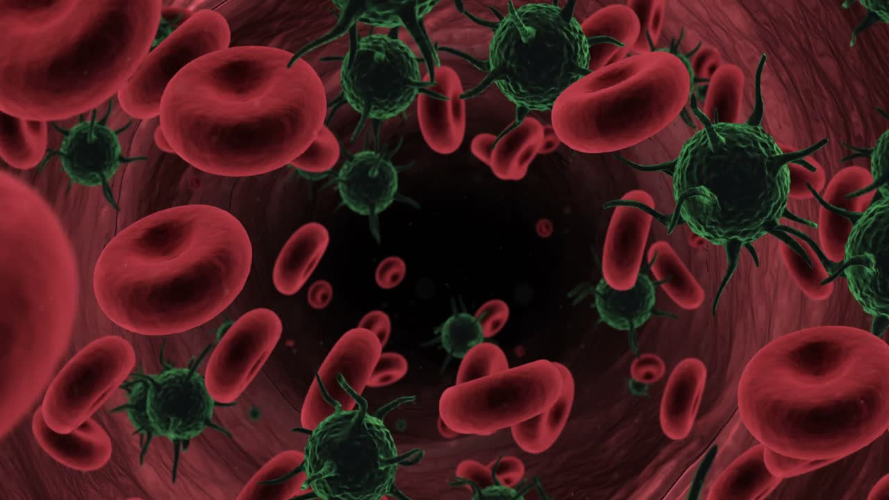 células virales generadas digitalmente y glóbulos rojos que fluyen a través de la arteria
