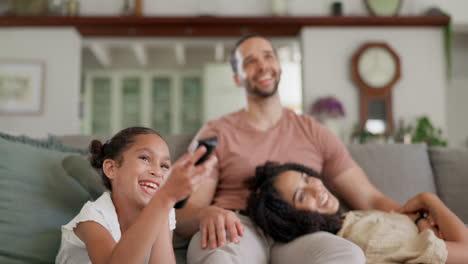 happy family, relax and watching tv on sofa