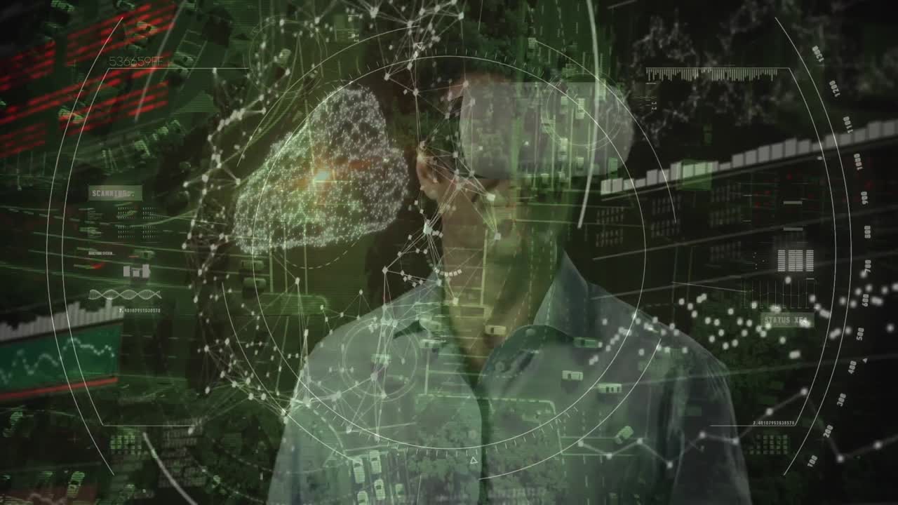 animación del escaneo del alcance y el procesamiento de datos sobre el hombre que usa auriculares vr