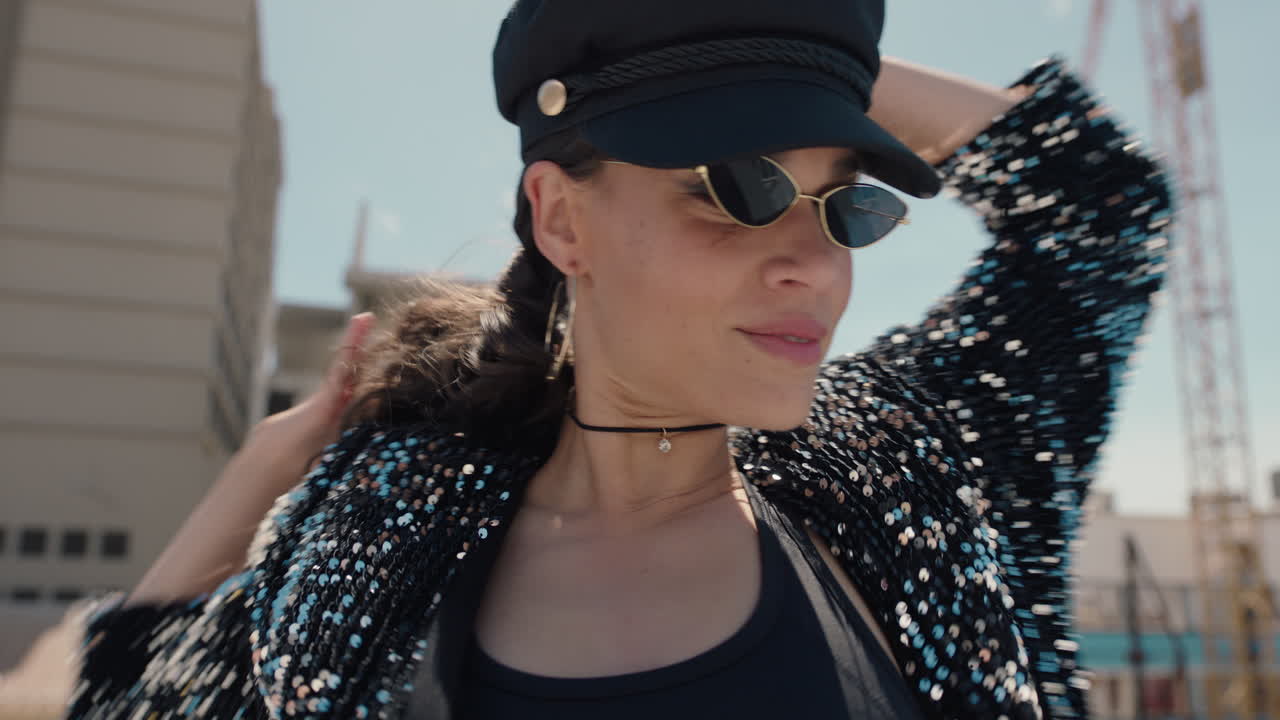 댄서 여성 라틴 댄스가 옥상에서 아름다운 브라질 여성이 도시에서 춤을 추고 있습니다.