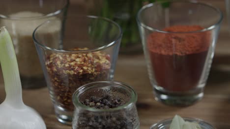 panning shot of lined up ingredients for cooking