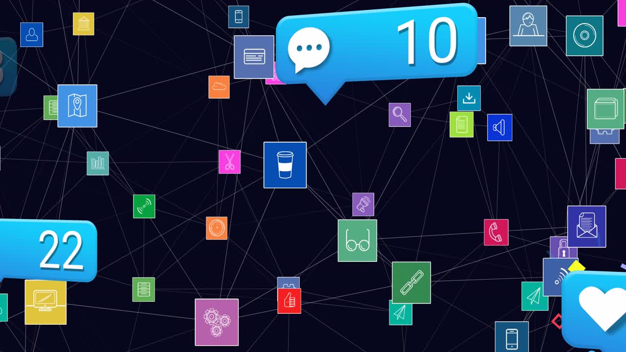Animation of social media reactions and squares on black background