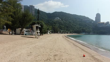 Empty-public-beach-in-Hong-Kong-due-to-Covid19-lockdown-guidelines,-Aerial-view