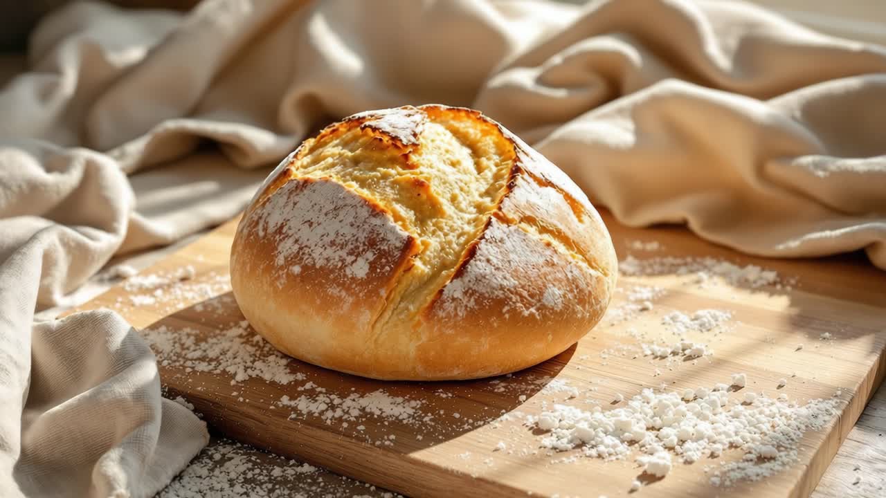 Freshly baked round bread resting on a wooden board, surrounded by flour and soft fabric, showcasing the artisanal baking process and warm ambiance