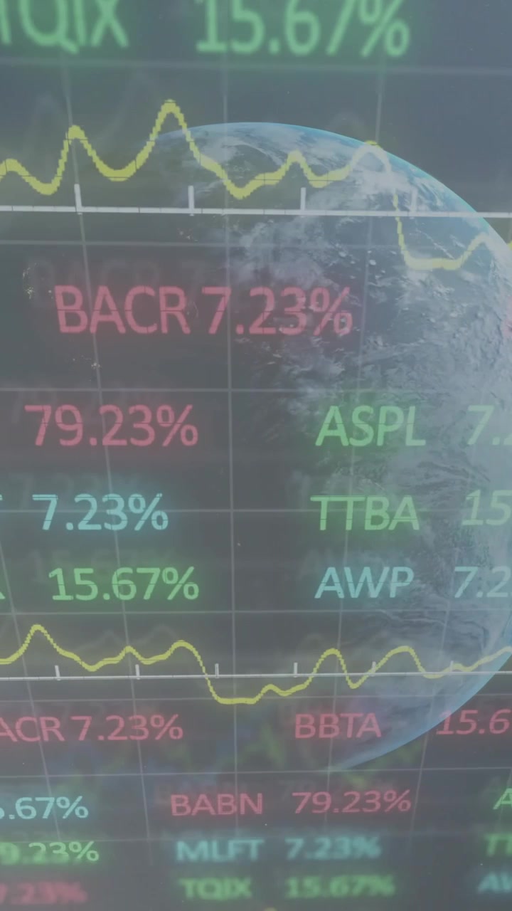Animation d'un globe et de traitement de données financières sur fond sombre.
