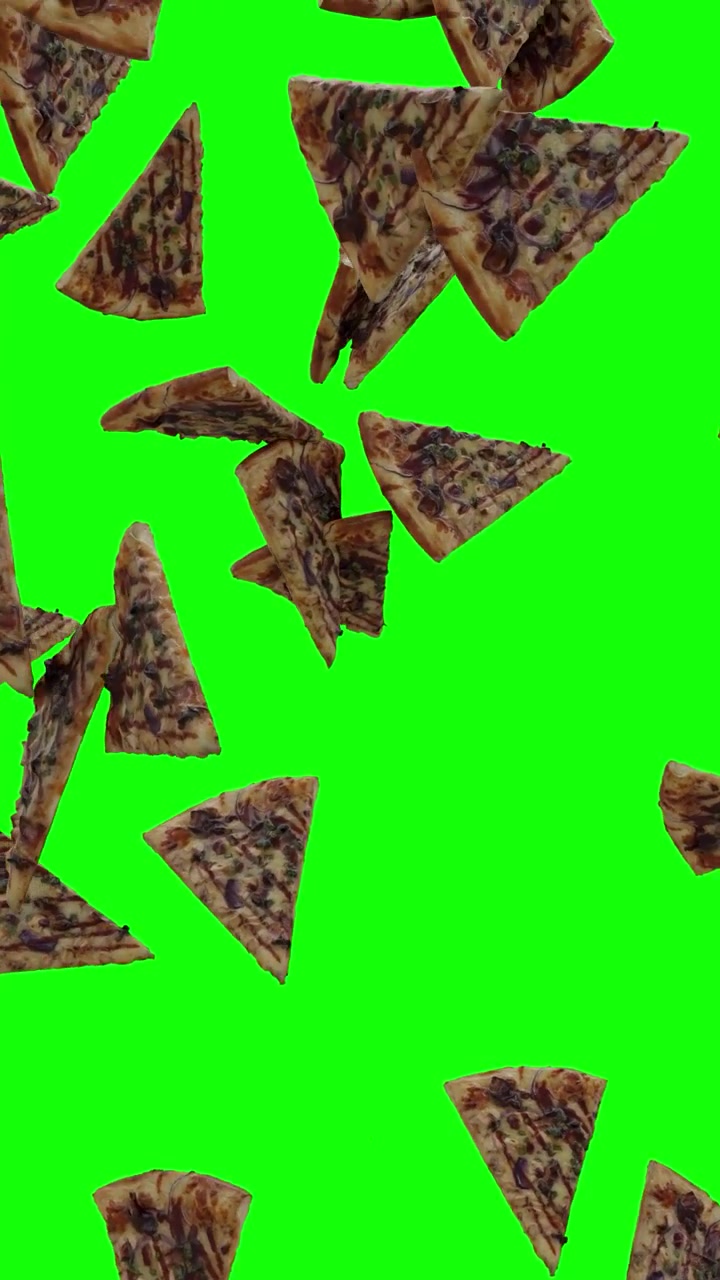 Fette di pizza al pollo BBQ che cadono su un video con schermo verde verticale con maschera alfa 4K