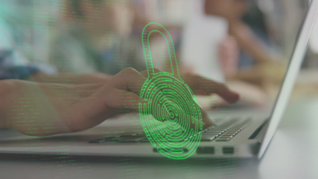 Animation of fingerprint in padlock, cropped hands of caucasian woman typing on keyboard of laptop