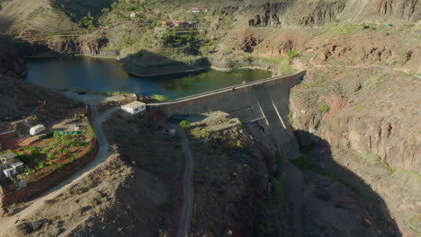 aerial-view-traveling-in-towards-the-Ayagaures-dam-and-Angostura-dam-on-a-sunny-day