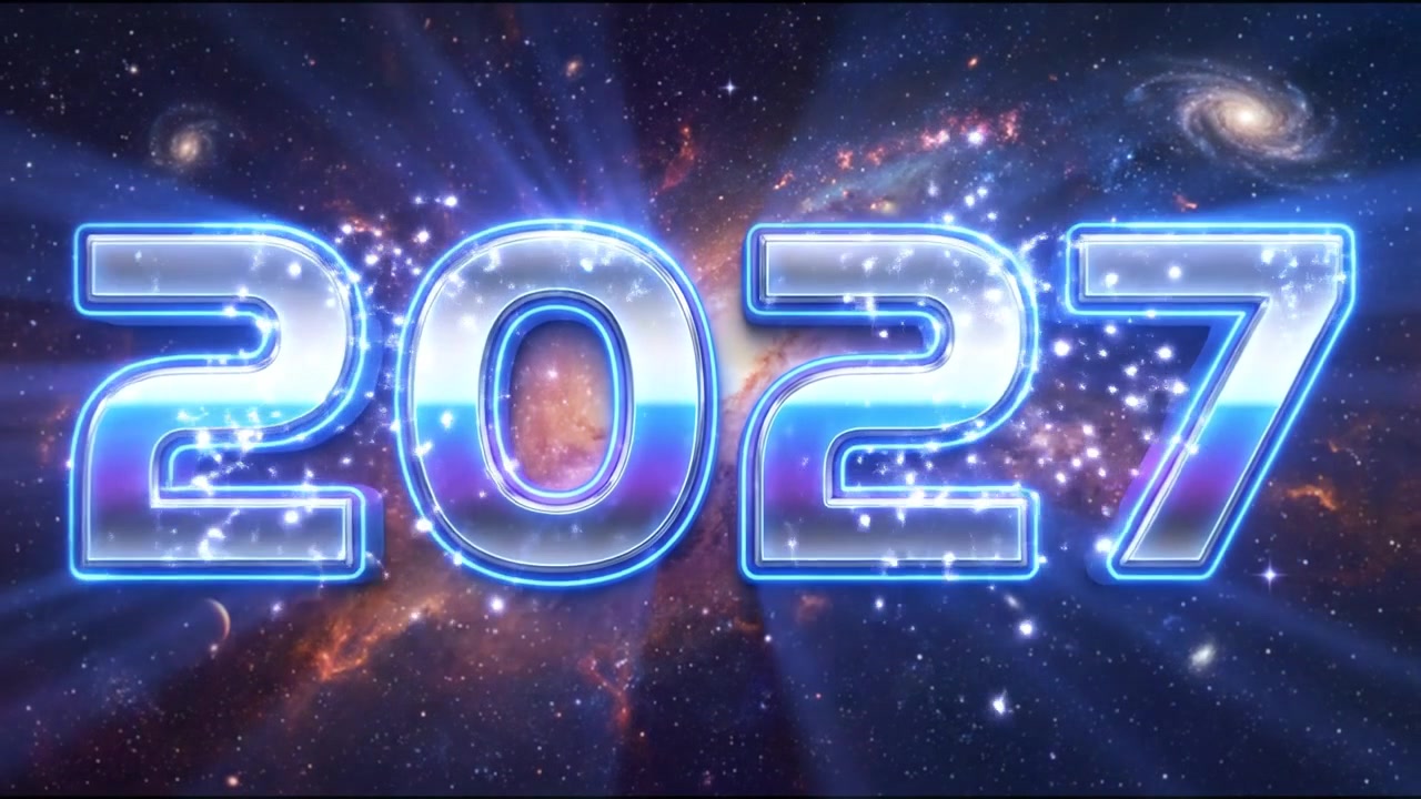 Numeri animati di Capodanno 2027 con scritte metalliche viola blu e sfondo scuro