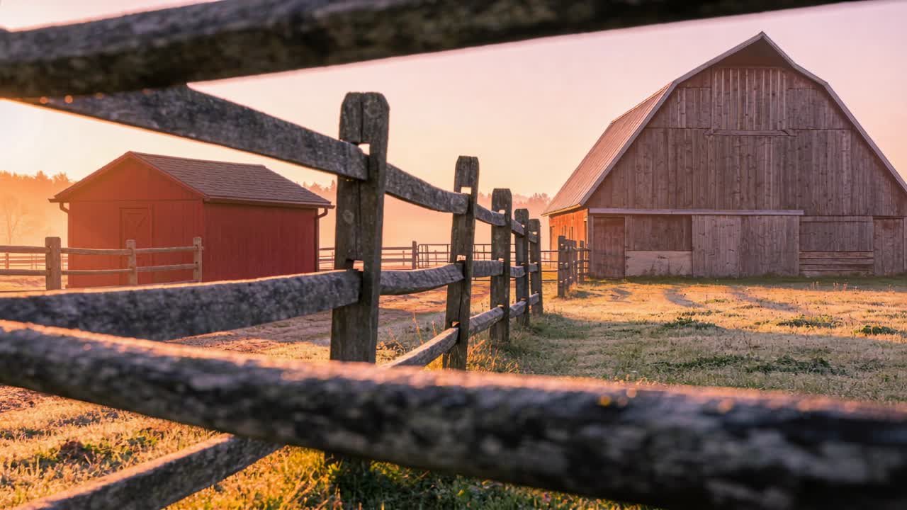 Shifting sunlight casting highlights along split-rail fence toward barn on rural farm as sun rises