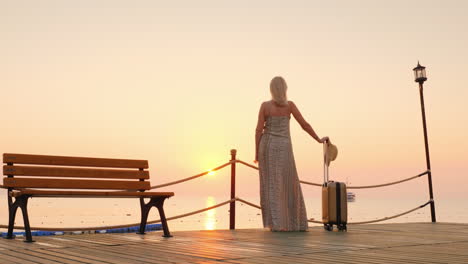 a woman with a travel bag and hat in her hand is standing on the pier looking afar into the ship daw