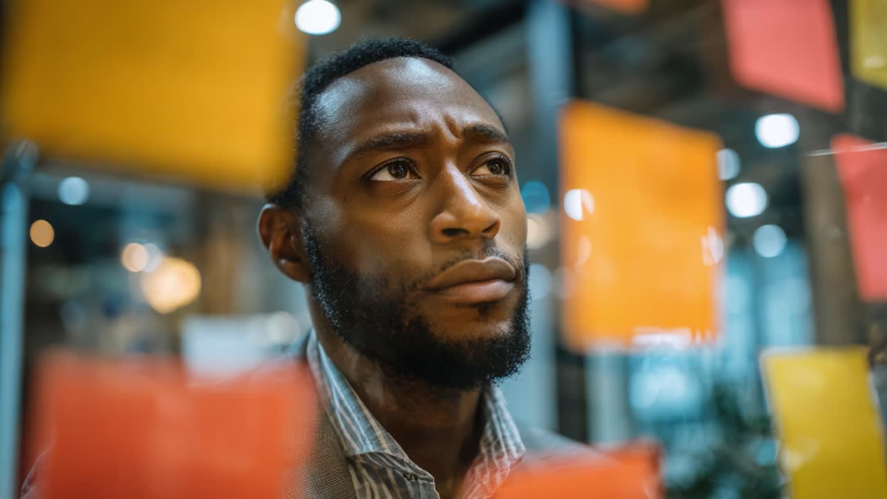 Un momento di riflessione introspettiva mentre una persona ponderata contempla idee appuntate su colorati foglietti adesivi in un ambiente di lavoro creativo