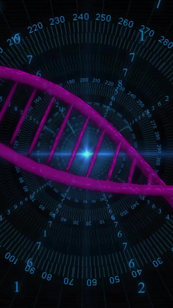 Animation of dna strand over data processing on black background