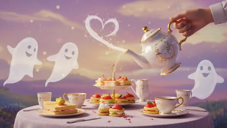 a whimsical tea party with playful ghosts: charming treats and a magical atmosphere enveloping the celebration at dusk