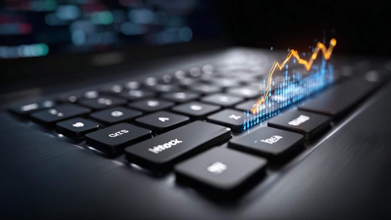 A Close-Up View of a Laptop Keyboard with Dynamic Graphs Displaying Trends Overlaid, Highlighting Data Analysis and Technological Progress