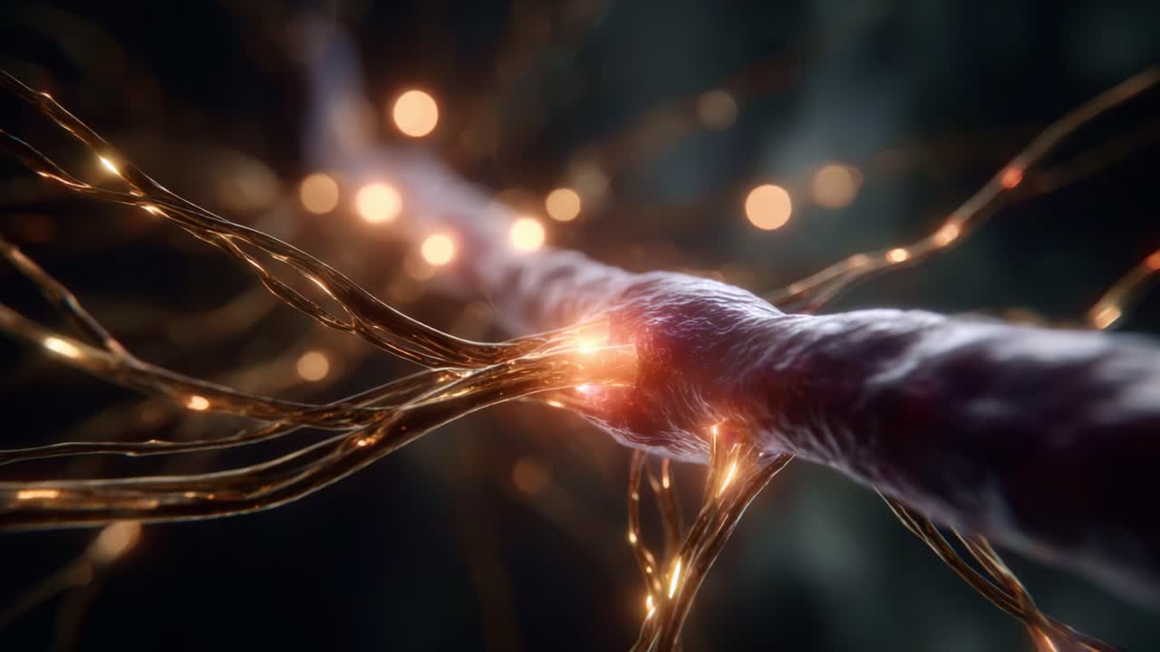 Komplexe neuronale Verbindungen: Eine Nahaufnahme von pulsierenden Neuronen und ihrer elektrischen Aktivität, die die Schönheit der Neurobiologie und der synaptischen Funktion zeigt