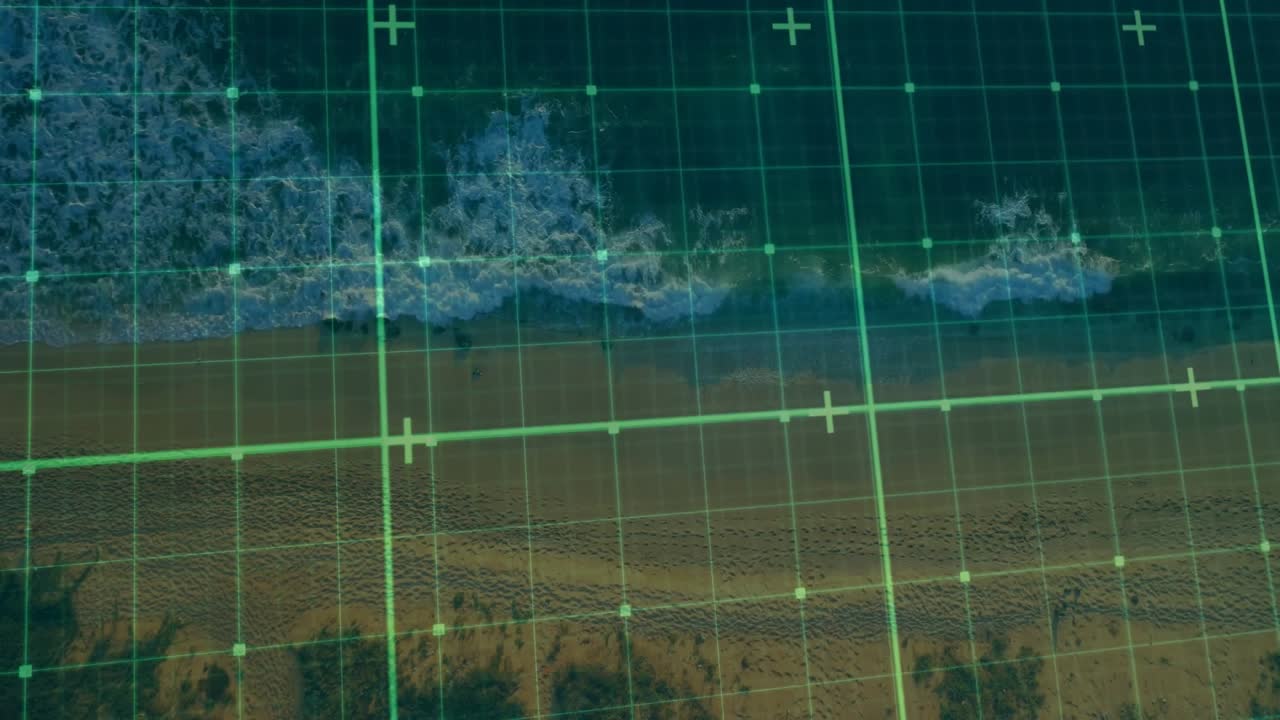 Aerial mapping drone deploying neon green grid overlay scanning shoreline with pulsing and tilting
