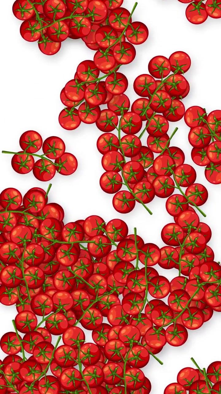 Red cherry tomatoes on vines fall vertically against a clean white background with shadows.