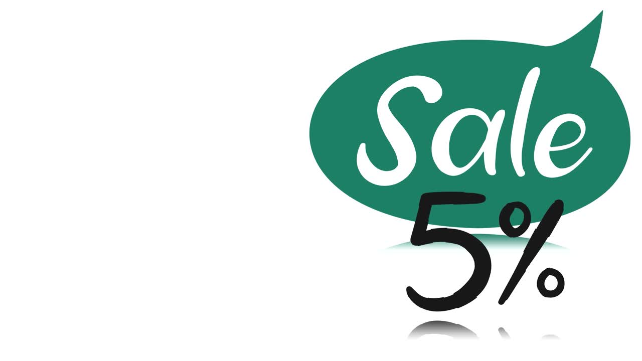 Animation. Reklamebanner, plakat. Taleboble med teksten UDSALG, 5 procent rabat, på hvid baggrund. Til webshops, salg, sociale medier, forskellige internetplatforme.