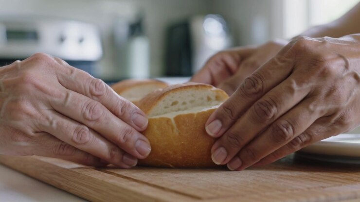 Entering frame, pairs of hands steadying, lifting and pressing loaf on cutting board, prepping meal