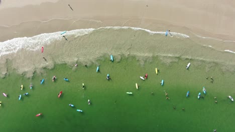 surfistas y tablas de surf coloridas en la playa de hong kong, vista aérea