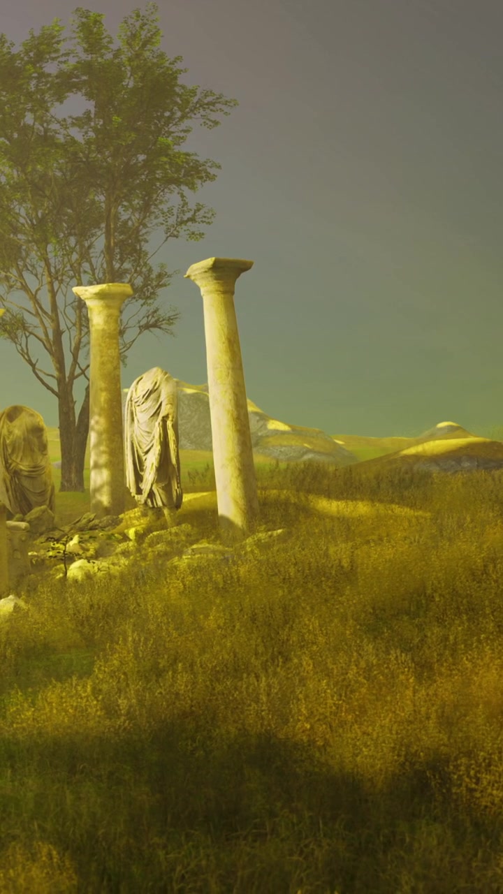 Rovine di antiche colonne in un paesaggio erboso con montagne sullo sfondo