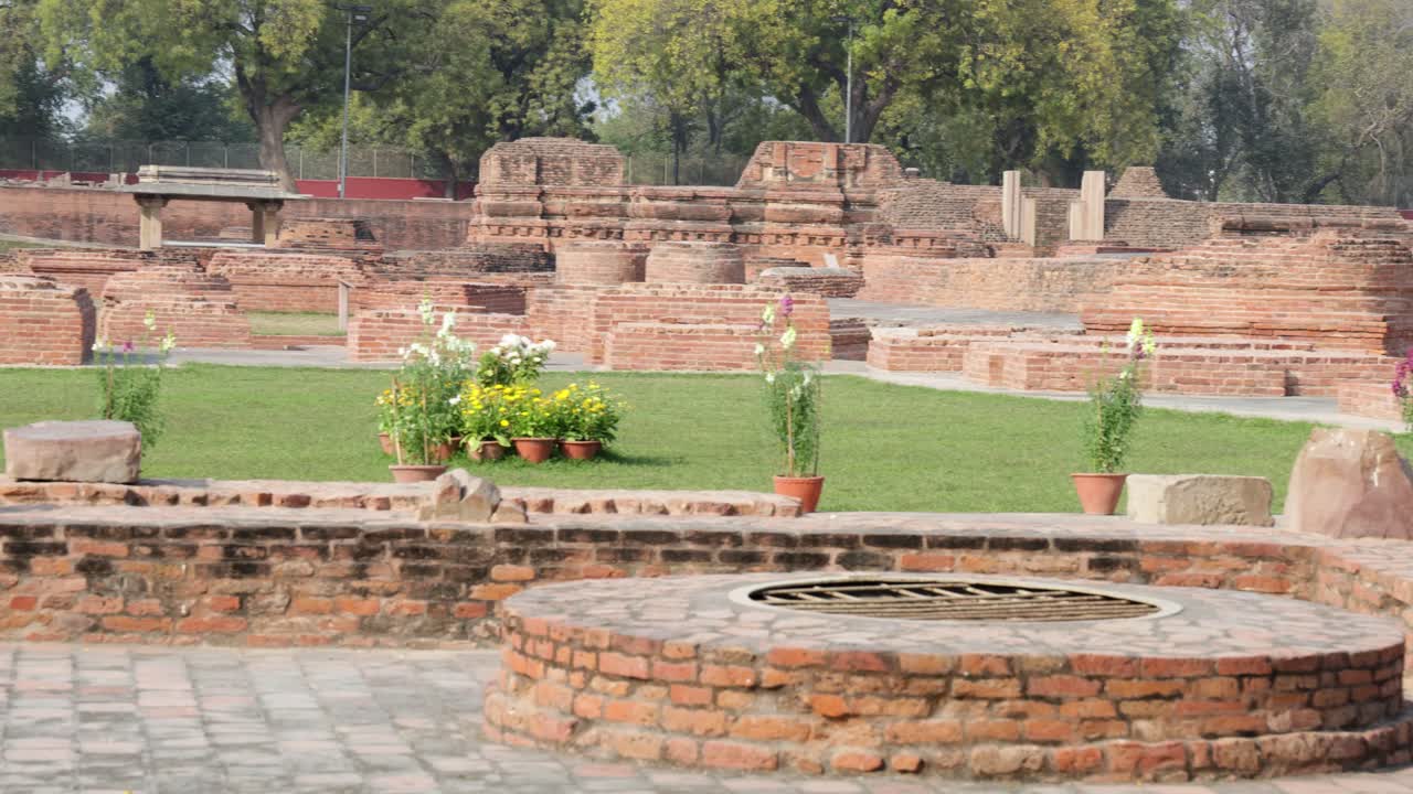 historic buddhist monument ruins at sarnath sacred site in day video is taken at Sarnath near Varanasi, India