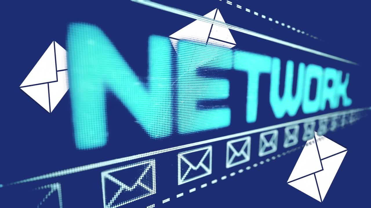 파란색 배경에 봉투 아이콘이 있는 소셜 네트워크 텍스트의 애니메이션.