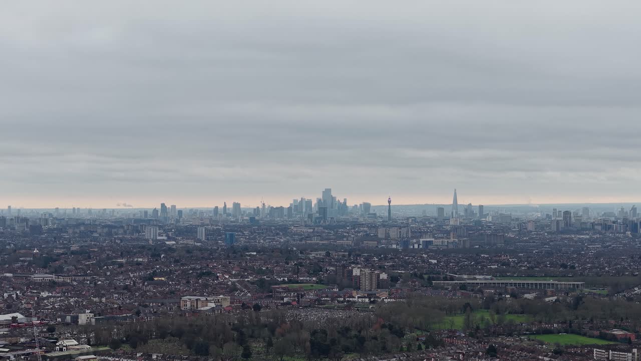 Downtown London Skyline With The Shard And BT Tower From Wembley In England, UK. - aerial shot