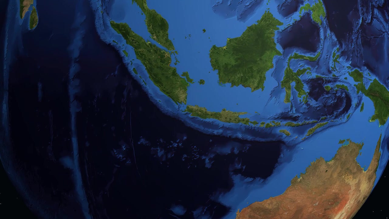 Animazione digitale che si ingrandisce dallo spazio profondo fino a un indicatore di posizione specifico a Bogor, Indonesia.