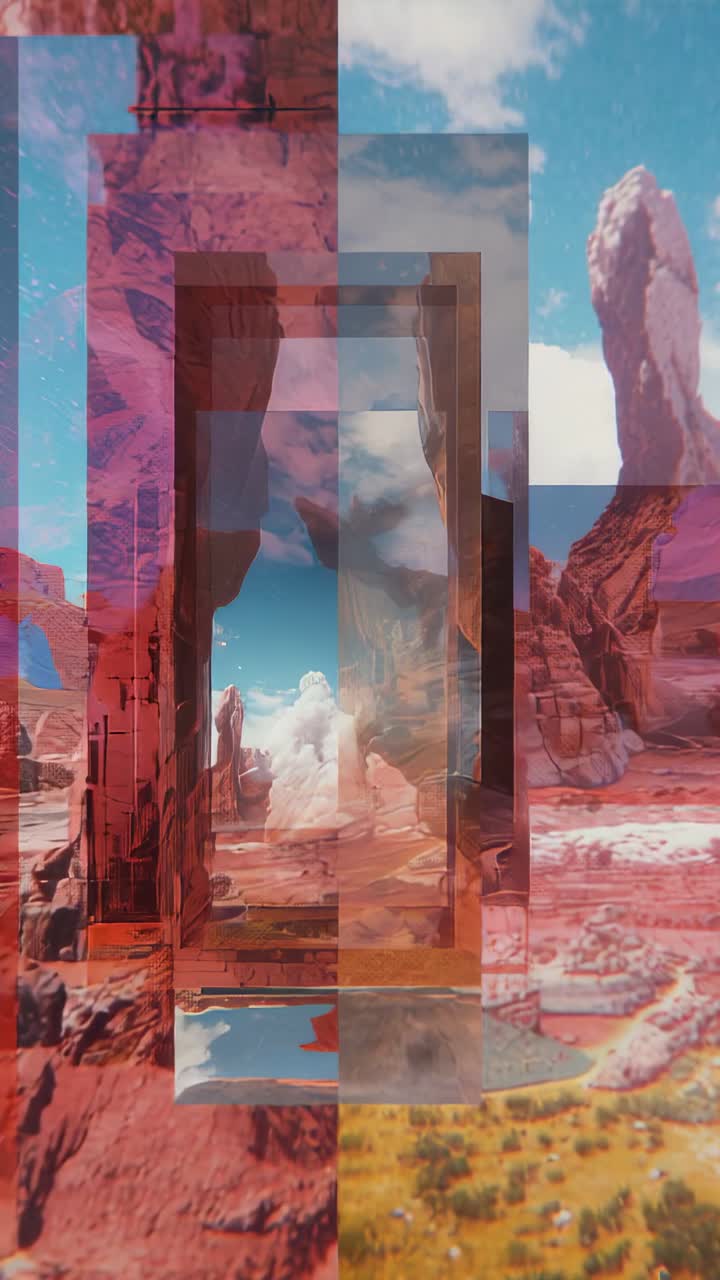 Vertical video: Opening layered frames unfolding revealing red canyon vista through glass portals