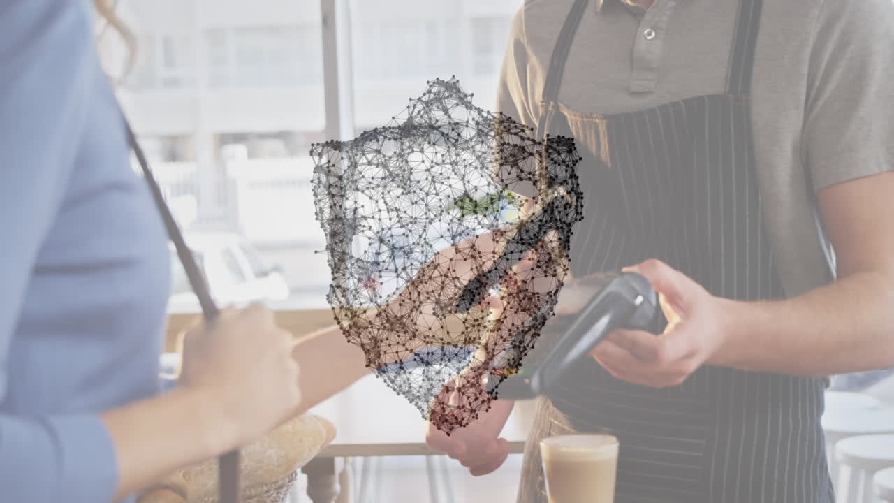 결제 터미널을 사용하는 사람들에 대한 보안 방패와 연결 네트워크의 애니메이션