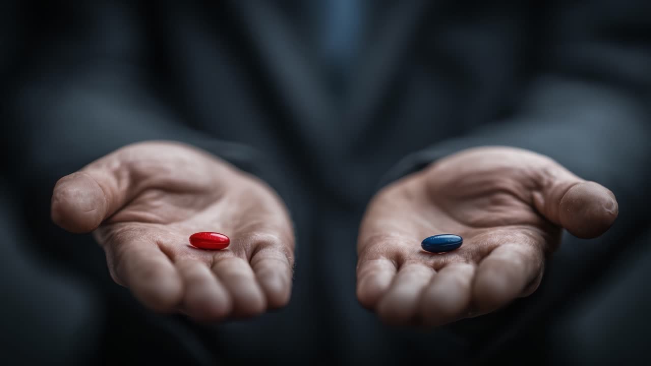 Et symbolsk valg: En person holder en rød pille i den ene hånd og en blå pille i den anden, hvilket repræsenterer divergerende veje og beslutninger i livet.