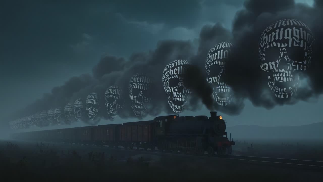 A Sinister Train Journey: Haunting Skulls Emerge from Dark Smoke in a Chilling Landscape, Echoing the Theme of Life and Death in an Eerie Atmosphere