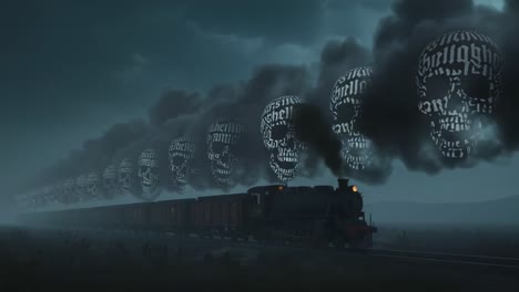 a sinister train journey: haunting skulls emerge from dark smoke in a chilling landscape, echoing the theme of life and death in an eerie atmosphere