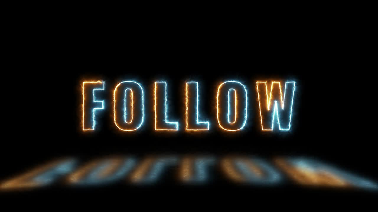 Thin line text 'FOLLOW' with green and red lights with reflections on a dark background. Simple seamless loop animated text. 4k typography motion graphic