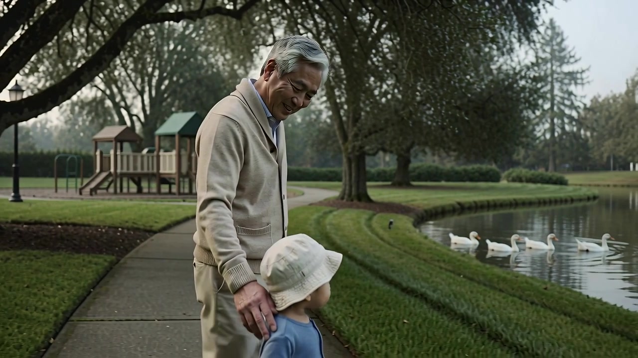 Walking grandfather in beige cardigan guiding toddler in bucket hat along park path, watching ducks
