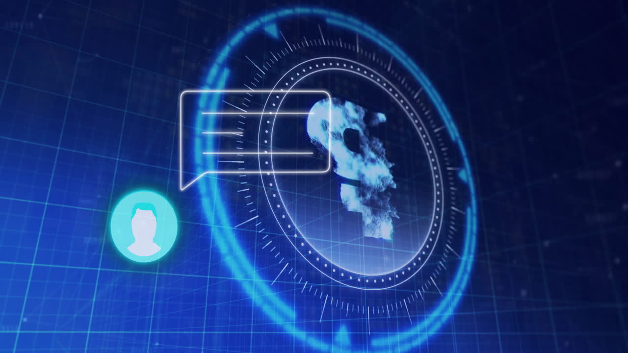 3D holographic interface hovering above grid showcasing smoke head profile drifting by icons