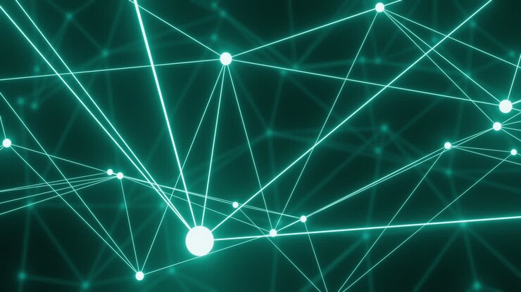 Animazione di una rete di connessioni con nodi luminosi su sfondo nero.