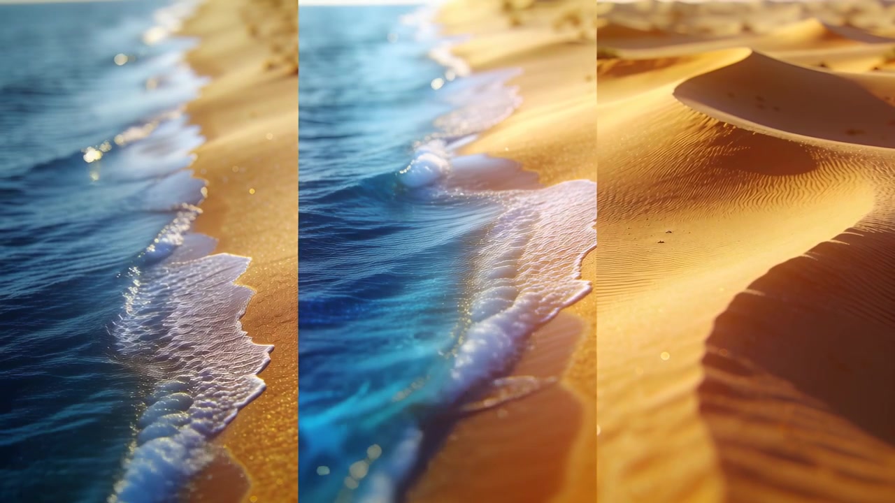 Advancing waves nudging central ocean panel up shoreline, sculpting wet sand, foam, dune ripples
