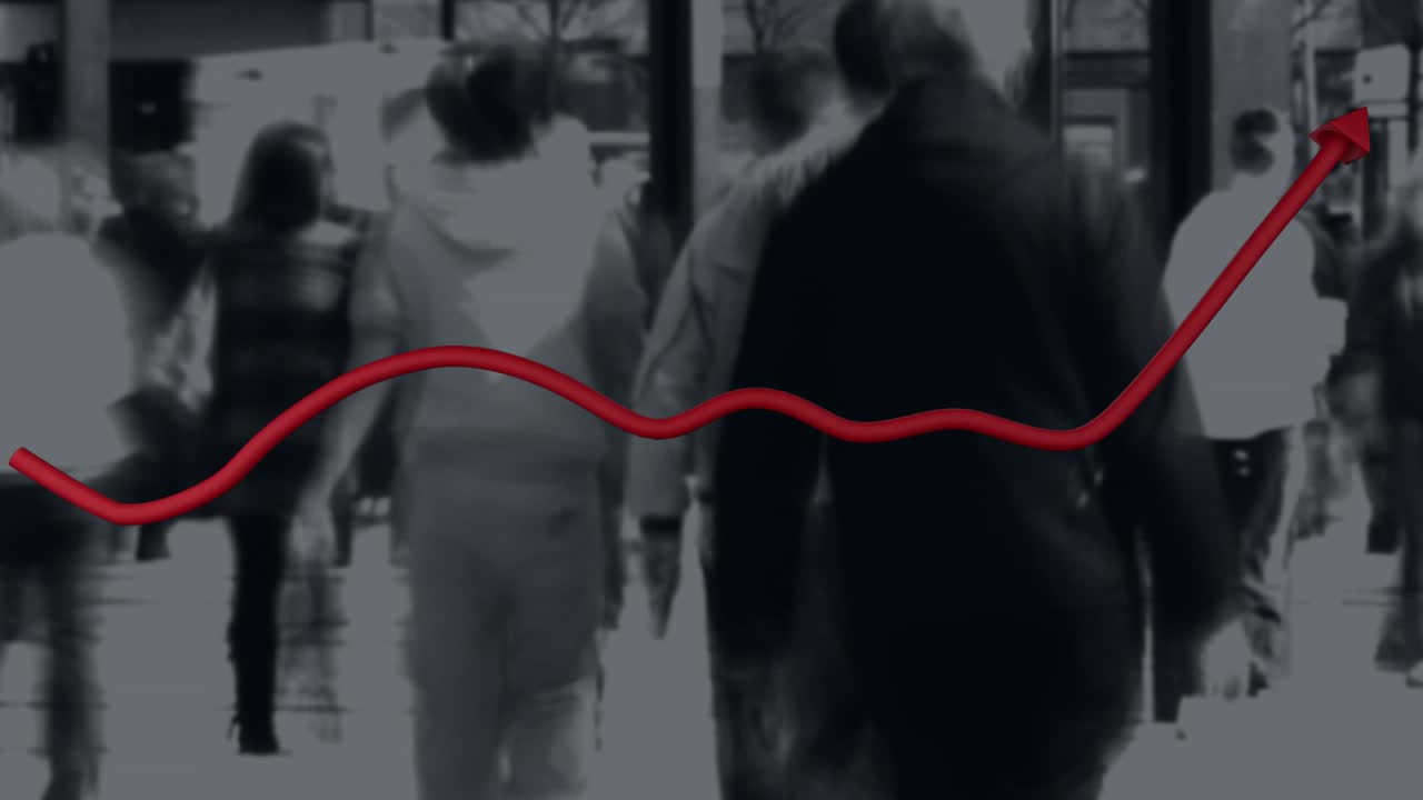 Red squiggle appearing, guiding central dark coat adult walking closer, arrow forming to show route