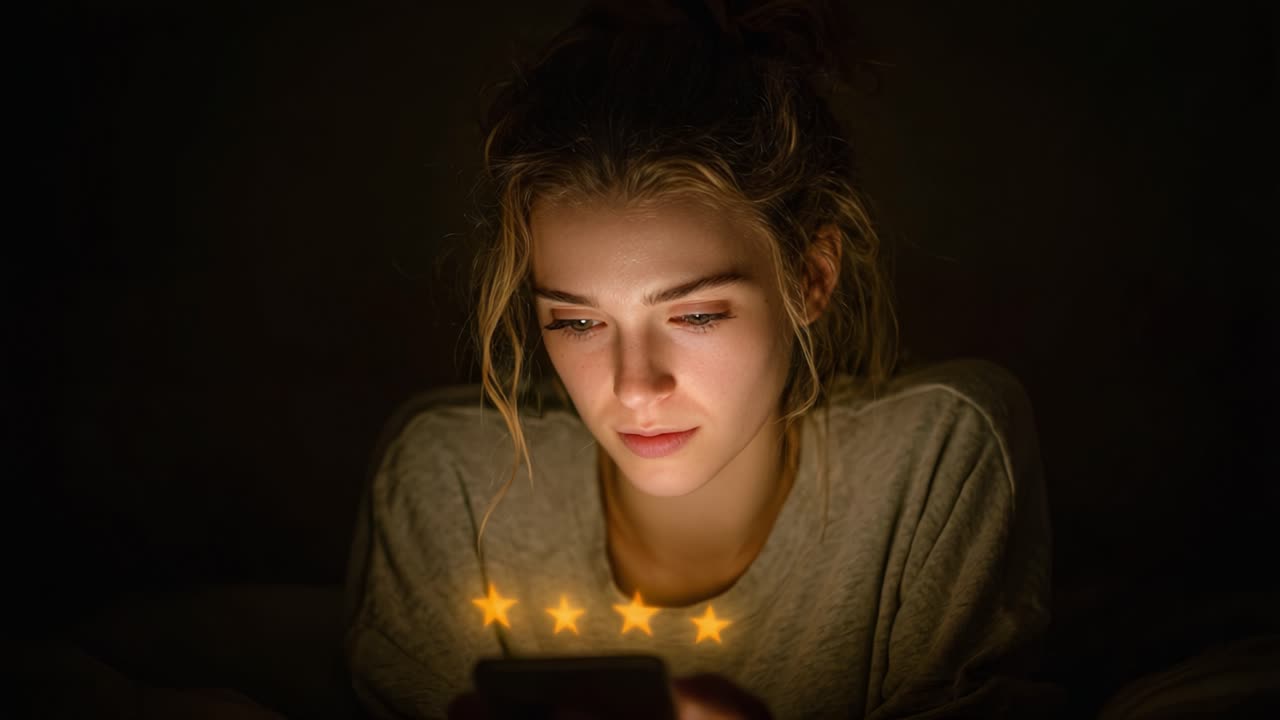 A Young Woman Engaged with Her Phone in a Dimly Lit Room, Contemplating Five Stars, Reflecting on Reviews or Social Media Interactions Late at Night