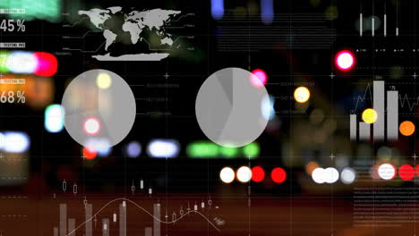 animation of statistics processing over out of focus lights and cityscape